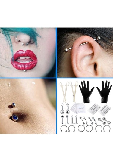Dolıty 42 Parça Profesyonel Piercing Seti Gümüş-1.2x10+3 Çok Renkli