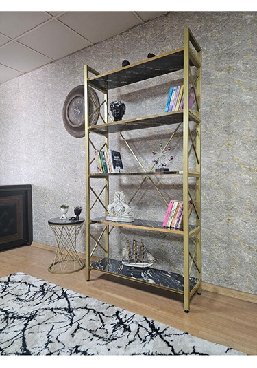 Gold Boyalı Kitaplık - 5 Raflı Suntalem Lüks Kitaplık Luanda Gold Çok Renkli