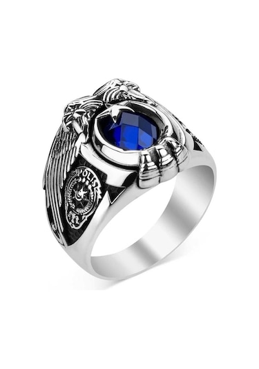 Kartal Figürlü Atatürk Imzalı Mavi Zirkon Taşlı Özel Tasarım 925 Ayar Gümüş Polis Yüzüğü