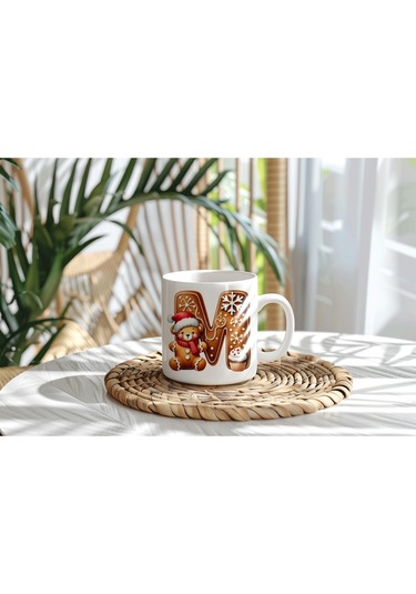 M Kurabiye Harf Ve Ayıcık Detaylı Kupa Bardak - Yeni Yıl / Yılbaşı Temalı Tasarım - Noel Hediye Beyaz