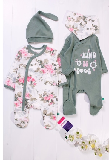 Kind İs Cool Desenli Nakışlı Kız Bebek 4'lü Tulum Seti Yeşil