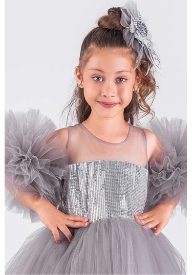 Kız Çocuk Abiye Elbise Ponpon Kol Pul Payetli Tütülü Gri