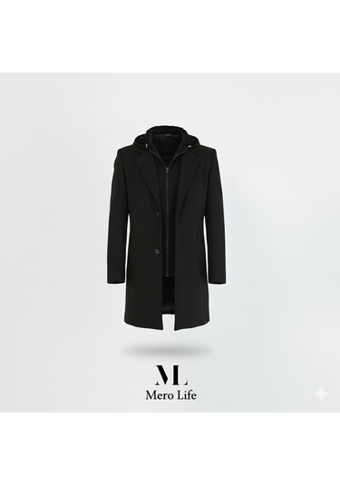 Erkek Siyah Yün Karışımlı Kaşe Kapüşonlu Önü Fermuarlı Kaban-Siyah