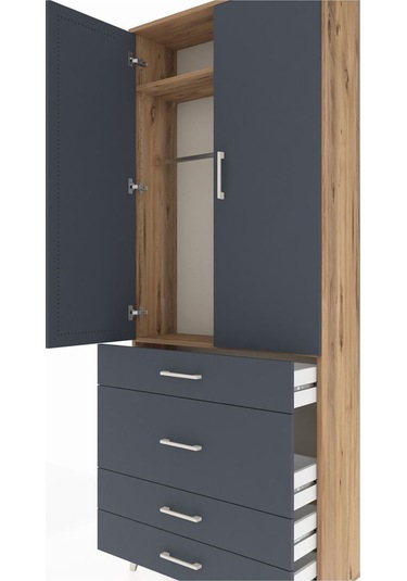 Arges Dolap 2 Raflı 4 Çekmeceli Tek Askılı 88x30x221 Çam-antrasit Atlas Çam