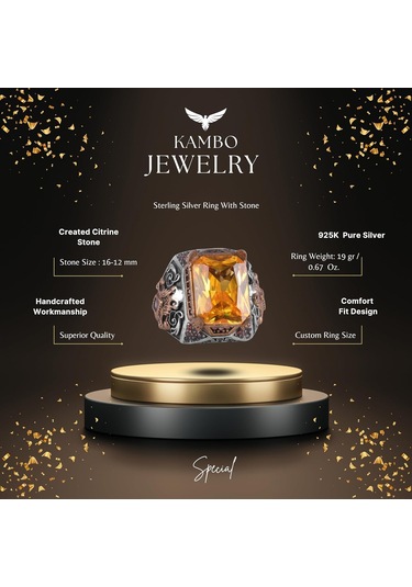 925 Ayar Gümüş El Yapımı Taş Yüzük Sitrin Gümüş