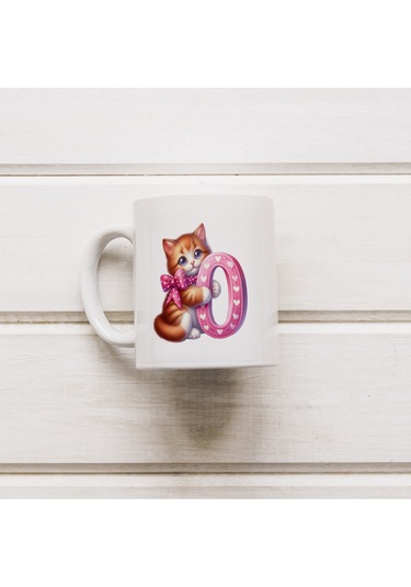 O Harfli Bardak, Sevimli Kedili Pembe Tasarım Bardak, Arkadaşa Aileye Hediye Porselen Beyaz