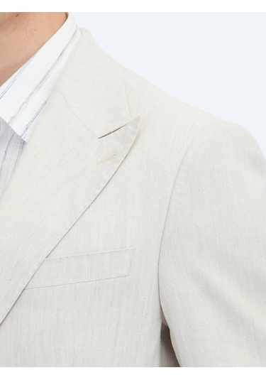 Kip Bej Desenli Modern Fit Keten Karışımlı Takım Elbise