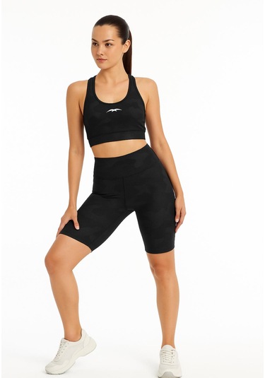 Kadın Siyah Crop Şort Kamuflaj Desenli Takım Baskı Detaylı B2089-d742-1 Siyah - Kamuflaj