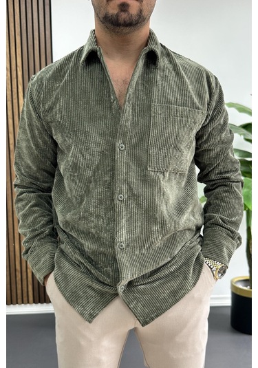 Erkek Kadife Kumaş Gömlek Yeşil Edw415 Yeşil