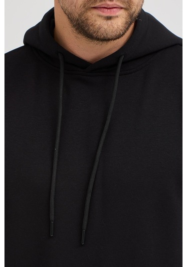 Erkek Siyah Standart Fit Normal Kesim Içi Polarlı 3 Iplik Kapüşonlu Pamuklu Sweatshirt Siyah