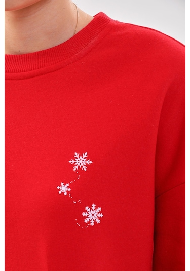 Kallima Oversize Baskılı İçi Polarlı Kırmızı Kadın Sweatshirt Kırmızı