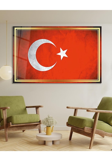 Bayrak Cam Tablo Modern Ofis Makam Odası Hediyelik Büyük Tablo Duvar Dekoru