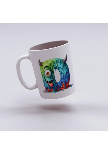 D Harfi Bardak, Sevimli Canavarlar Harflı Bardak Hediyesi Porselen Beyaz