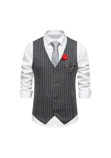 Cosy Up Erkek 4 Düğme Resmi Yün Karışımı Tüvit Pin Şerit Yelek Koyu Gri