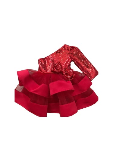 Mashotrend Kırmızı Payetli Kurdelalı Tek Omuz Abiye - Çocuk Abiye Kırmızı