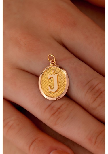 14 Ayar Altın J Harfi Nostalji Oval Kolye Ucu 548612219