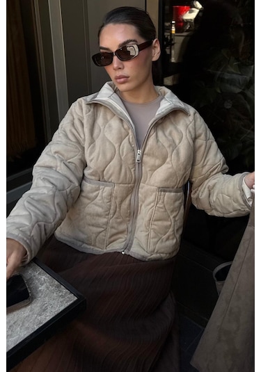 Bej Dik Yaka Kapitone Kadın Mont Mg2568 Bej
