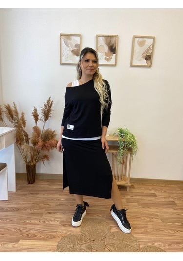 Kadın Uzun Kollu Tek Omuzu Açık Viskon Bluz Içi Atletli Ve Yandan Şeritli Üçlü Viskon Ikili Takım Siyah