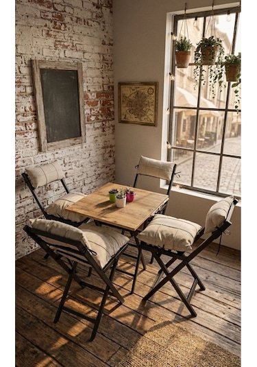 Minderli Balkon Bahçe Mutfak Bistro Set Katlanır 4+1 Masa-sandalye Bej - Krem