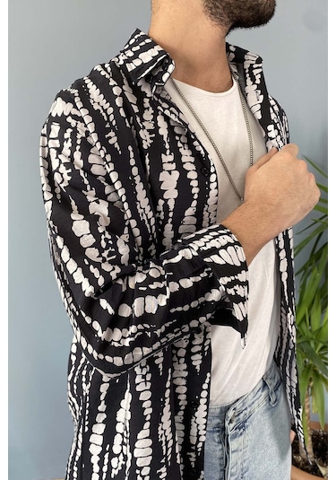 Siyah Desenli Uzun Kollu Oversize Gömlek 001