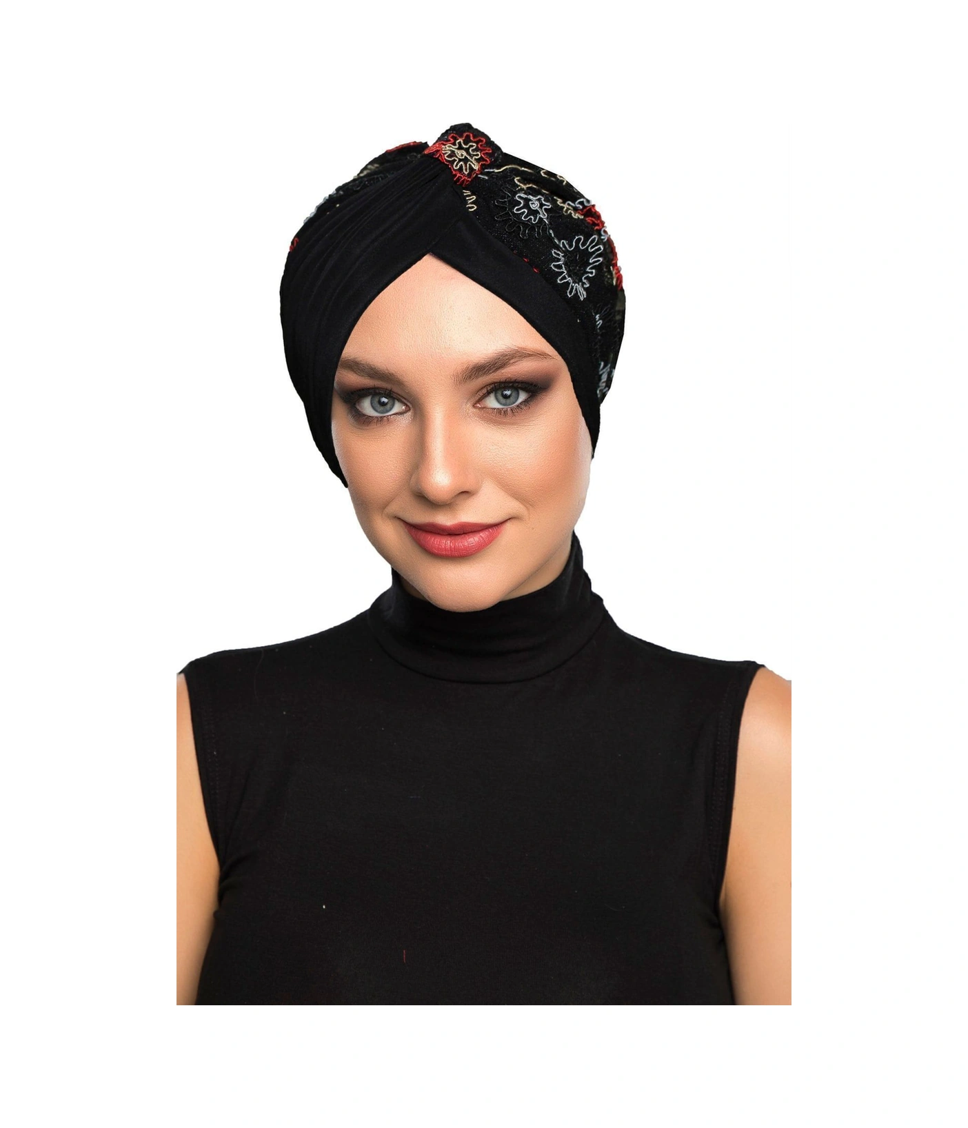 Otantik Nakış Motifli Astarlı Hazır Türban Tesettür Bone Siyah Motif 9