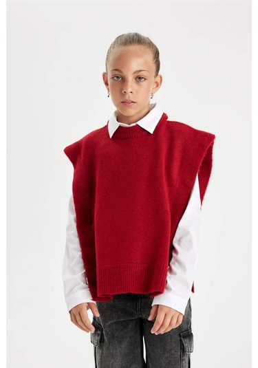 DeFacto Kız Çocuk Kırmızı Bisiklet Yaka Basic Düz Triko Süveter C9660A824WNRD63 Kırmızı