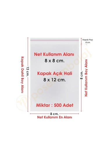 8x8+4 Cm. 8x12 500 Adet Şeffaf Bantlı Yapışkanlı Opp Poşet