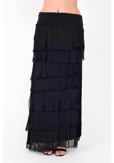 İtalyan 2 Beden Ince Gösteren Kat Kat Ipek Etek & Straplez Elbise Siyah