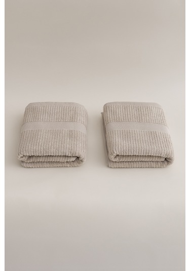 Ivory Bej Fitilli Mikro Fiber %100 Pamuk 2li Banyo Havlusu Seti 5 Bej