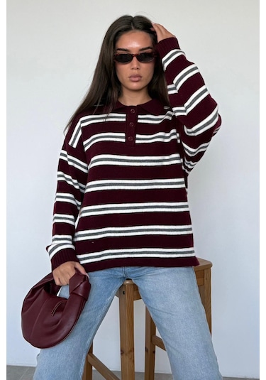 Bordo Polo Yaka Çizgili Kadın Triko Kazak Mg2469 Bordo