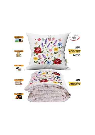 Nakış İşleme Çiçekler Efektli Baskılı Tv Battaniyesi Olabilen Dekoratif Yastık Kırlent Battaniye Çok Renkli
