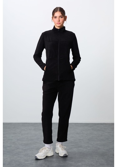 Tommy Life Siyah Kalın Yumuşak Dokulu Dik Yaka Oversize Nakışlı Polar Kadın Eşofman Takım -95339 Siyah