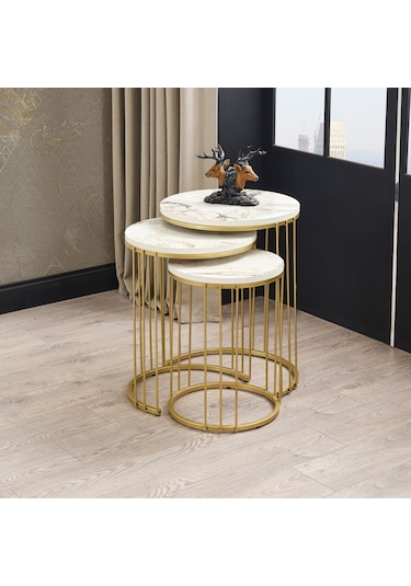 Metal Ayak Mermer Desen Üçlü Gold Sehpa