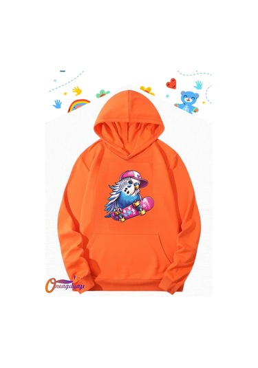 Muhabbet Kuşu Tasarım Çocuk Sweatshirt Hoodie Turuncu