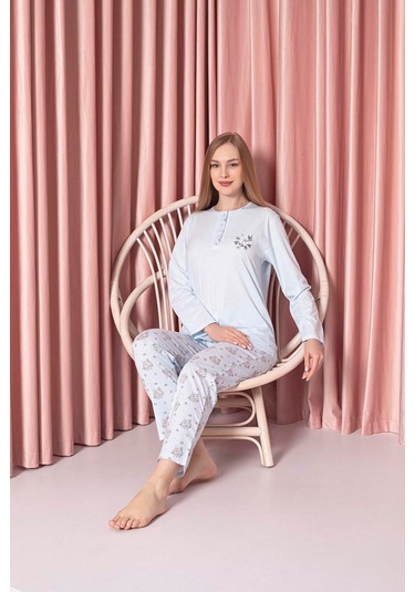 Ahengim Kadın Pijama Takımı Süprem Uzun Kollu Çiçek Desenli Pamuklu W30052329 Mavi
