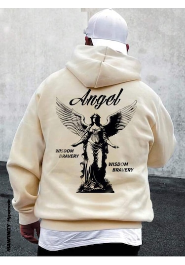 Unisex Bej Sırt Angel Baskı Kapüşonlu Sweatshirt 001