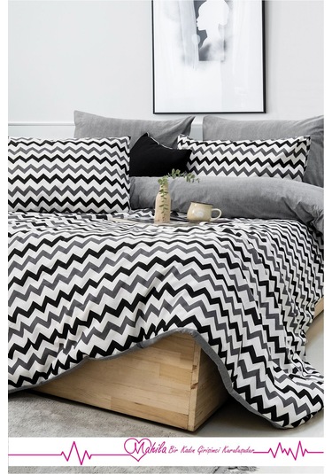 Battal Boy Lüks Pamuklu Nevresim Seti Beyaz Zikzak Desen Çok Renkli