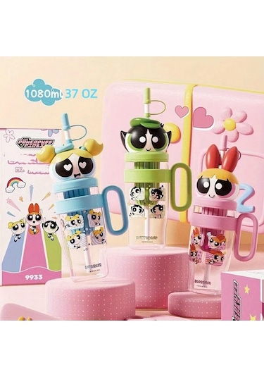 Wangxi Powerpuff Kızlar Buttercup Yeşili Blossom Su Bardağı Pipetli Kapaklı 37oz Ice King Kupa Sızdırmaz Seyahat Matarası Ahşap