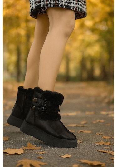 Çift Tokalı Kalıntaban Kadın Bot Siyah
