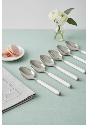 6 Lı Paslanmaz Çelik Yemek Kaşığı Seti Beyaz Saplı 15 Cm Beyaz