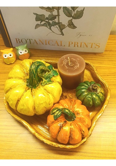 Kabak Figürlü Dekor Seti Doğal Masa Süsleri-kabak & Mum Seti-biblo Dekoratif Tepsili Set B. Boy Sarı Tepsili Set