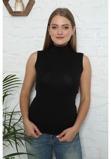 Giyim Bayan Sıfır Kol Yarım Balıkçı Yaka Body Siyah Siyah