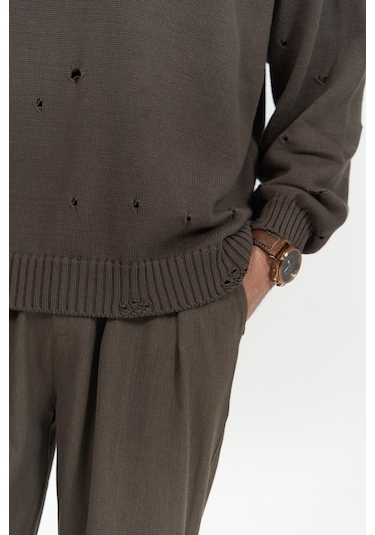 Alec Fitilli Yırtık Detay Kahve Erkek Triko Kazak Kahverengi