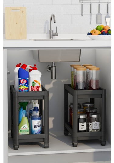 Mithra Life 2 Adet 2 Katlı Tekerlekli Tezgah Altı Siyah Banyo Mutfak Rafı Mıt1122 Siyah