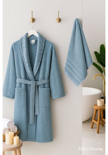 4 Parça Soft Elegance Banyo Aile Bornoz Seti %100 Pamuklu Mavi