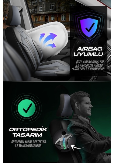 Füme - Siyah Panda Carlone Serisi Ful Deri Oto Koltuk Kılıfı - Tam Set