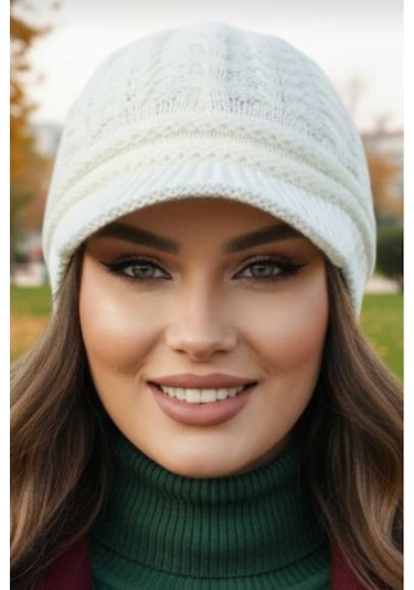 Tezzgelsin Kadın Çift Kat Siperli Triko Örme Bere Triko Bere Krem