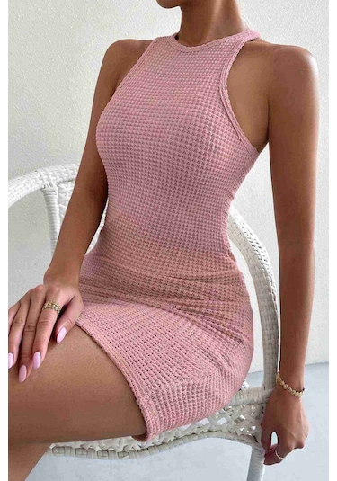 Merry See Vücuda Oturan Diz Üstü Mini Örme Elbise Pembe 001