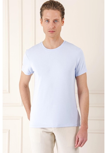 Slim Fit Bisiklet Yaka Düz Pamuklu Buz Mavi Tişört Ts 823 Buz Mavi