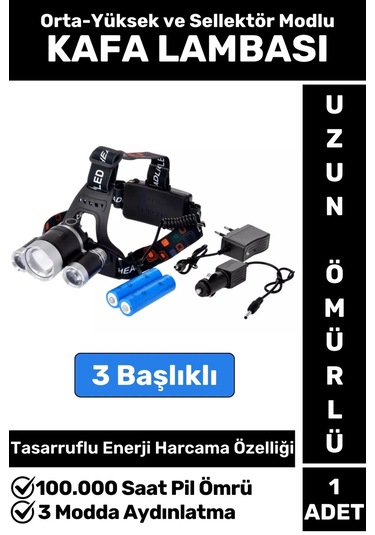 Profesyonel Kamp Avcı Balıkçı Deprem Güçlü Işık 3 Modlu Şarjlı 3 Başlıklı Kafa Lambası Çok Renkli